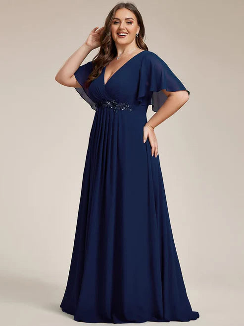 Plus Size Floral Applique Short Sleeve A-Line Chiffon Evening Dress/Prom Dresses Charming Party Dresses
