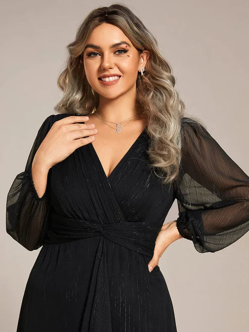 Plus Size Twist Knot Louts Leaf Long Sleeve A-Line Evening Dress With Prom Dresses Party Dresses Wedding Guest Dresses