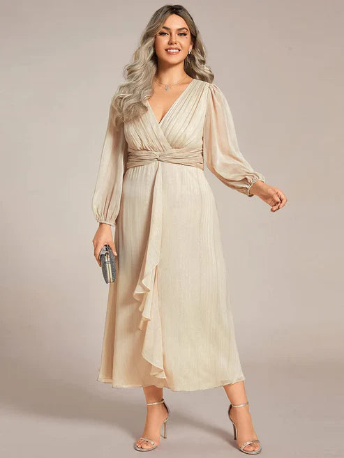 Plus Size Twist Knot Louts Leaf Long Sleeve A-Line Evening Dress With Prom Dresses Party Dresses Wedding Guest Dresses