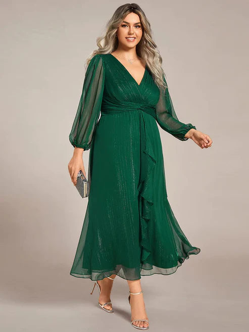 Plus Size Twist Knot Louts Leaf Long Sleeve A-Line Evening Dress With Prom Dresses Party Dresses Wedding Guest Dresses