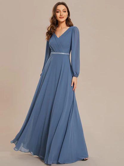 Pleated Double V-Neck Long Sleeves Shiny Belt Chiffon Evening Dress