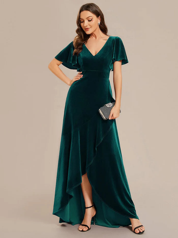 Elegant Double V-Neck Short Sleeves Velvet Evening Dress