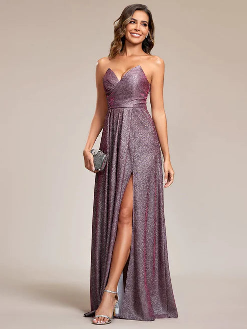 Shimmering Strapless A-Line Pleated Back-Laced High Slit Evening Dress/Prom Dresses Party Dresses