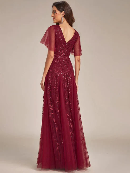 Shimmery V Neck Ruffle Sleeves Sequin Maxi Long Evening Dress/Prom Dresses Party Dresses Wedding Guest Dresses