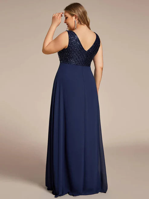Plus Size Sequin Sleeveless Double V-Neck Formal Evening Dress/Prom Dresses Party Dresses Wedding Guest Dresses