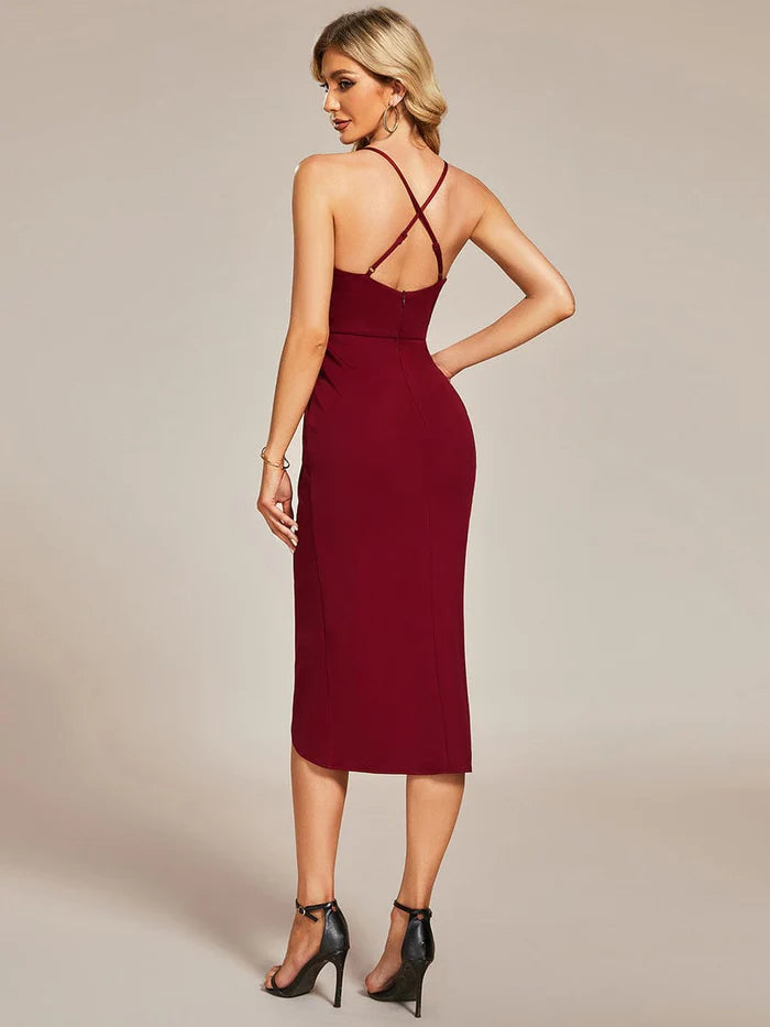 Tea Length Pleated Backless Wedding Guest Dresses