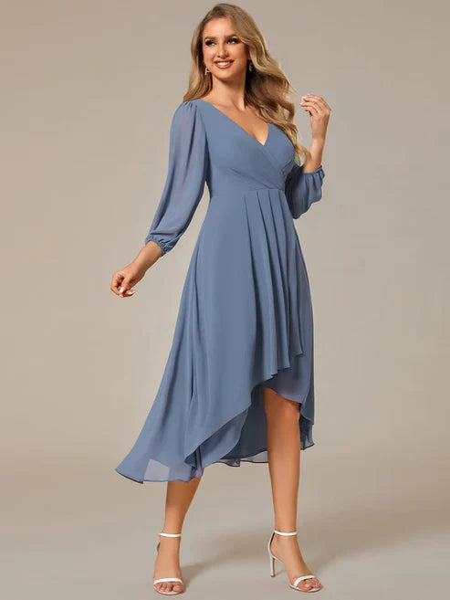 3/4 Sleeves Asymmetrical Hem A-Line Midi Wedding Guest Dress/Prom Dresses Party Dresses Wedding Guest Dresses