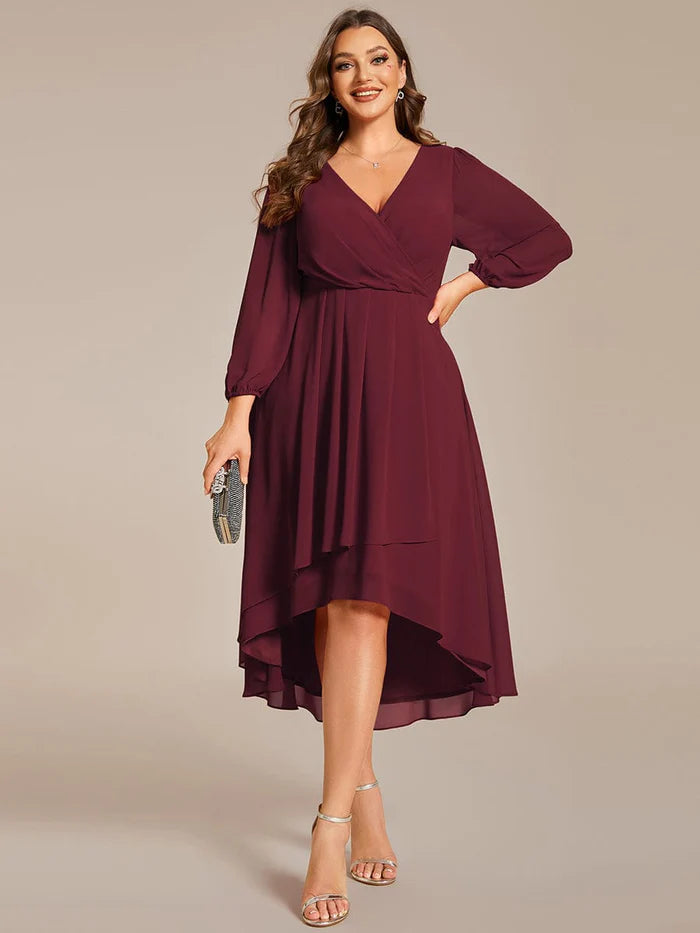 Plus Size Long Sleeve V-Neck Chiffon High Low Wedding Guest Dress