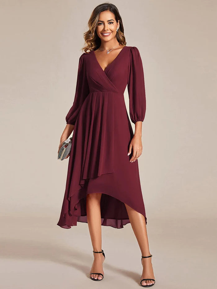 Elegant Long Sleeve V-Neck High Low Chiffon Wedding Guest Dress