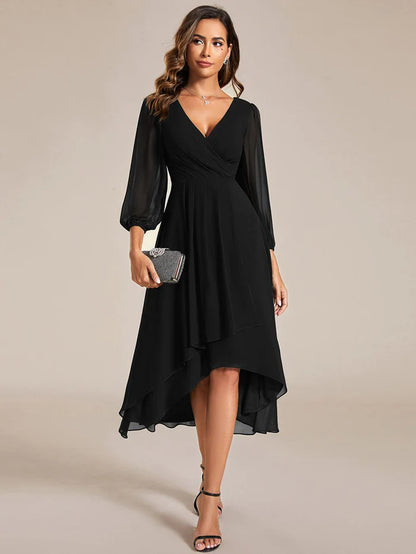 Elegant Long Sleeve V-Neck High Low Chiffon Wedding Guest Dress