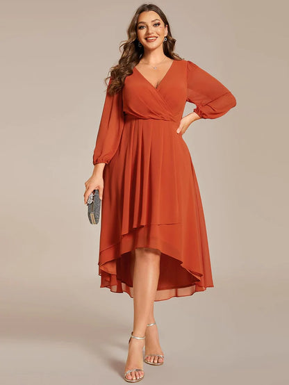 Plus Size Long Sleeve V-Neck Chiffon High Low Wedding Guest Dress