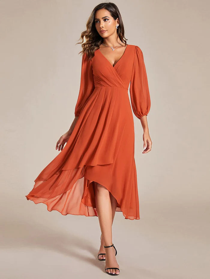 Elegant Long Sleeve V-Neck High Low Chiffon Wedding Guest Dress