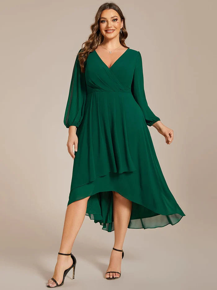 Plus Size Long Sleeve V-Neck Chiffon High Low Wedding Guest Dress