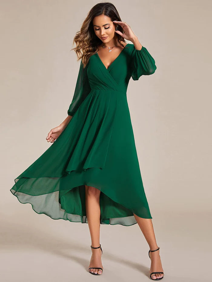 Elegant Long Sleeve V-Neck High Low Chiffon Wedding Guest Dress