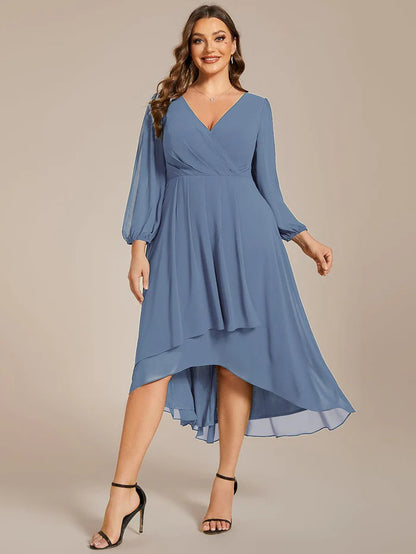 Plus Size Long Sleeve V-Neck Chiffon High Low Wedding Guest Dress