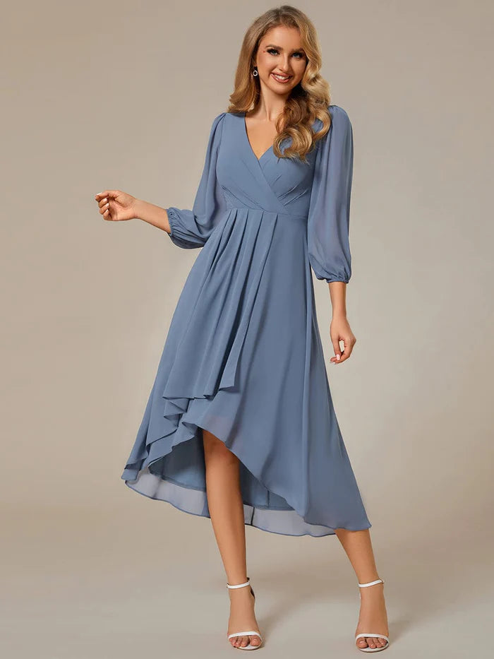 Elegant Long Sleeve V-Neck High Low Chiffon Wedding Guest Dress