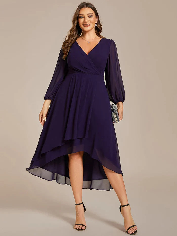 Plus Size Long Sleeve V-Neck Chiffon High Low Wedding Guest Dress