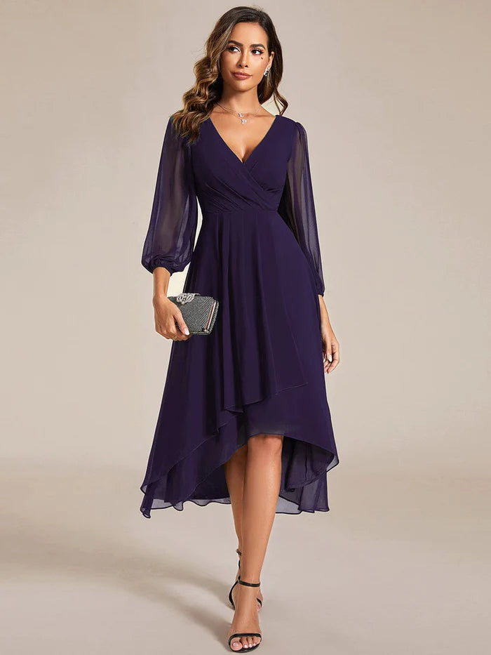 Elegant Long Sleeve V-Neck High Low Chiffon Wedding Guest Dress