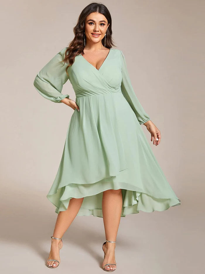 Plus Size Long Sleeve V-Neck Chiffon High Low Wedding Guest Dress