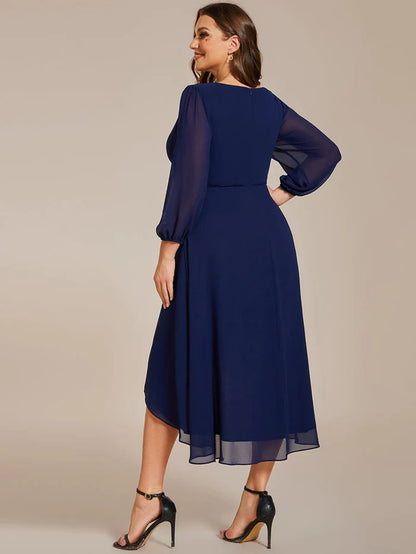 Plus Size Long Sleeve V-Neck Chiffon High Low Wedding Guest Dress