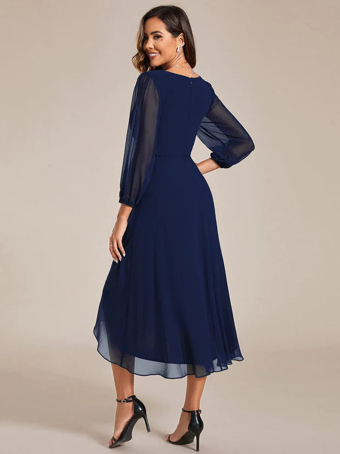 Elegant Long Sleeve V-Neck High Low Chiffon Wedding Guest Dress