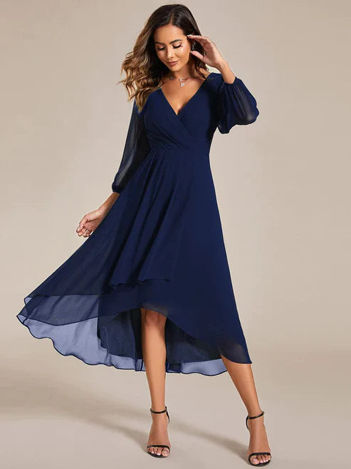 3/4 Sleeves Asymmetrical Hem A-Line Midi Wedding Guest Dress/Prom Dresses Party Dresses Wedding Guest Dresses