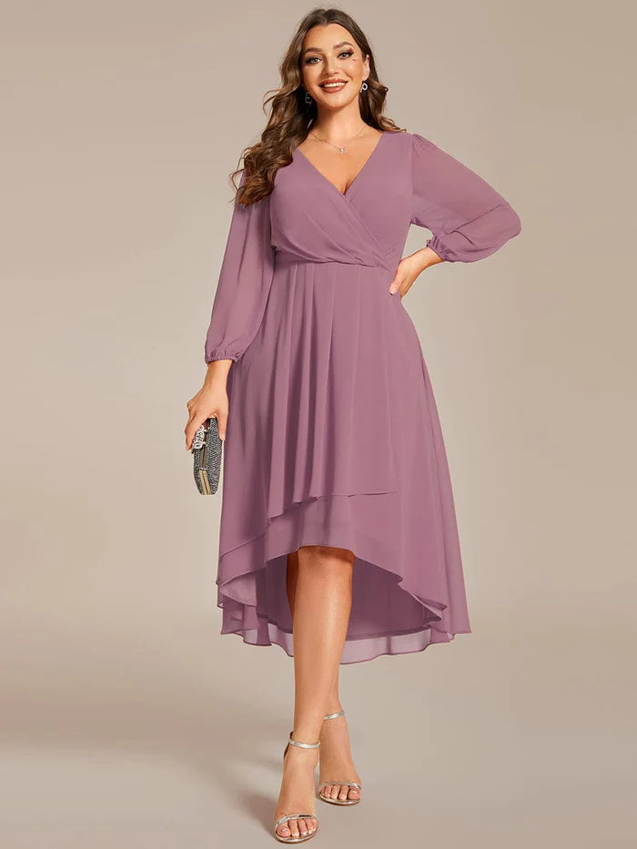 Plus Size Long Sleeve V-Neck Chiffon High Low Wedding Guest Dress