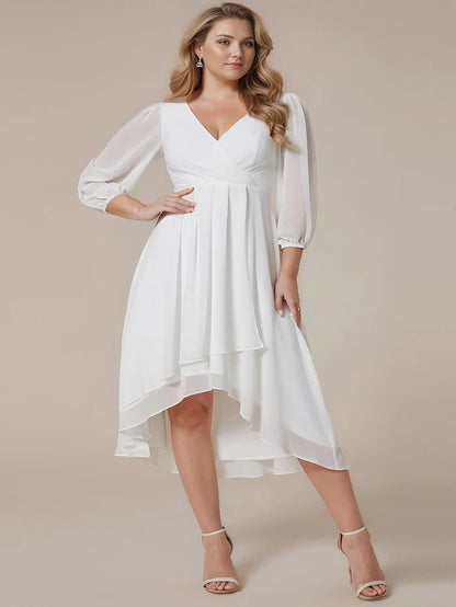 Plus Size Long Sleeve V-Neck Chiffon High Low Wedding Guest Dress