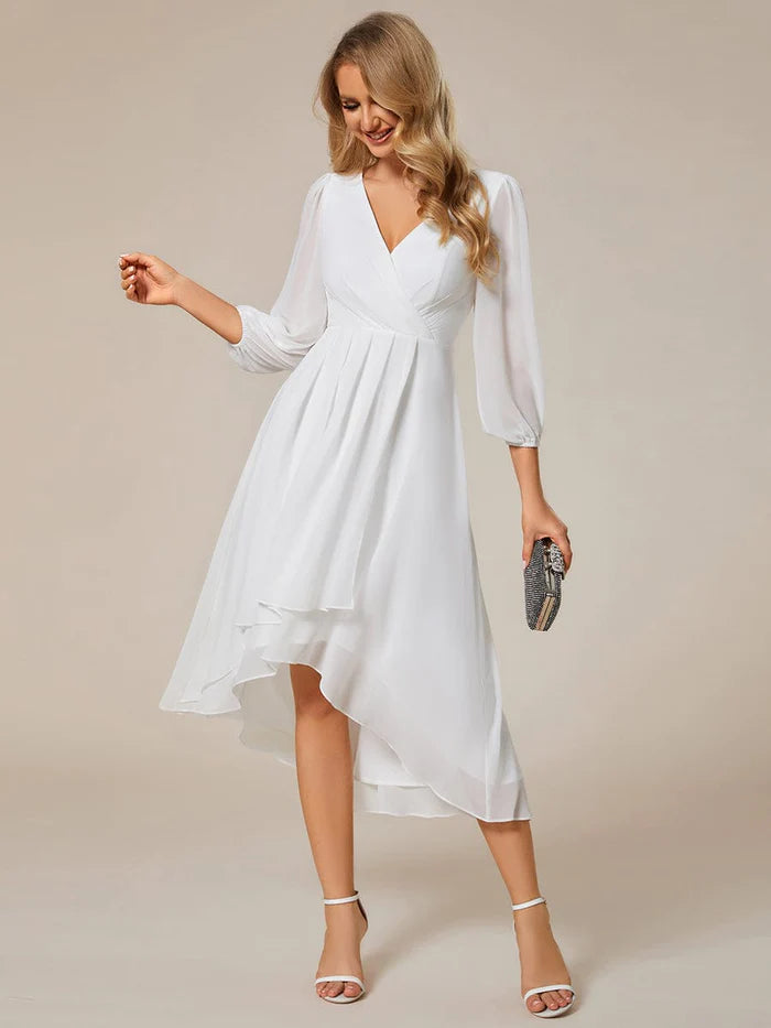 Elegant Long Sleeve V-Neck High Low Chiffon Wedding Guest Dress