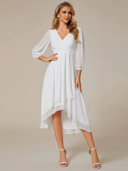 3/4 Sleeves Asymmetrical Hem A-Line Midi Wedding Guest Dress/Prom Dresses Party Dresses Wedding Guest Dresses