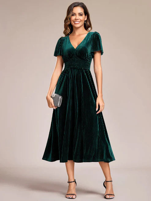 Graceful V-Neck Waist Design Short Sleeves Fall Velvet Midi Wedding Guest Dress/Prom Dresses Party Dresses