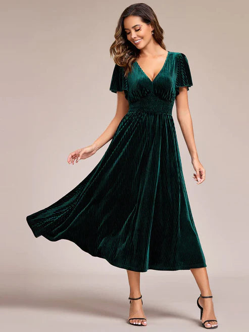 Graceful V-Neck Waist Design Short Sleeves Fall Velvet Midi Wedding Guest Dress/Prom Dresses Party Dresses