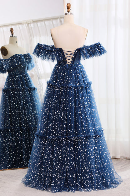 Navy Off The Shoulder Corset Long Tull Prom Dress Floor Length Beautiful