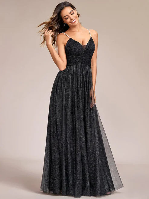 Glittering Sleeveless Spaghetti Straps V-Neck Open Back Evening Dress/Prom Dresses Party Dresses