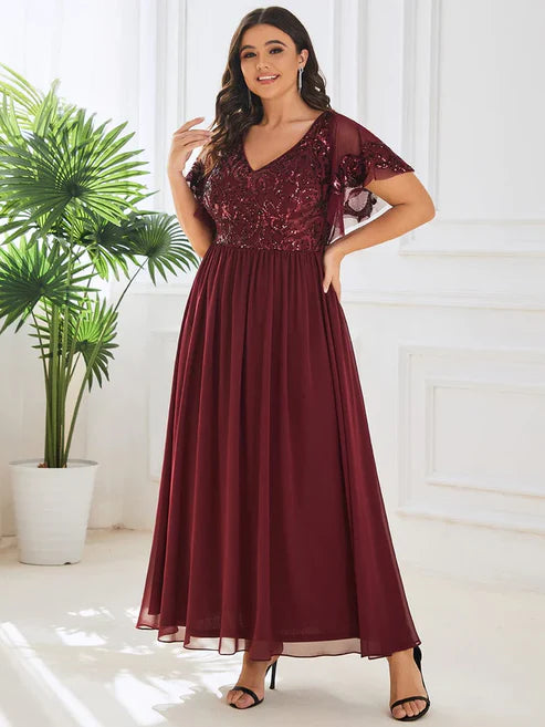 Plus Size V-Neck Short Sleeve Sequin Bodice Mother of the Bride Dress/Prom Dresses Party Dresses Wedding Guest Dresses