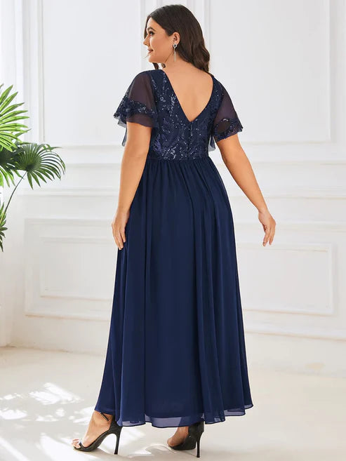 Plus Size V-Neck Short Sleeve Sequin Bodice Mother of the Bride Dress/Prom Dresses Party Dresses Wedding Guest Dresses