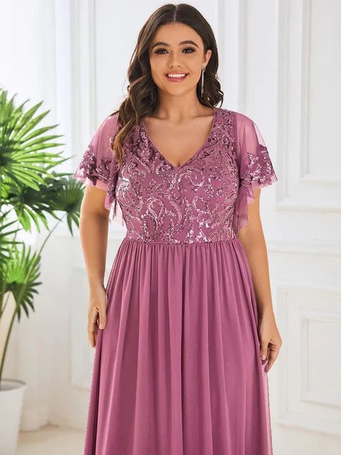 Plus Size V-Neck Short Sleeve Sequin Bodice Mother of the Bride Dress/Prom Dresses Party Dresses Wedding Guest Dresses