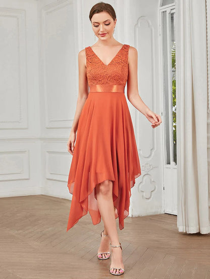 Double V-Neck Empire Waist Midi Asymmetrical Hem Lace Dresses