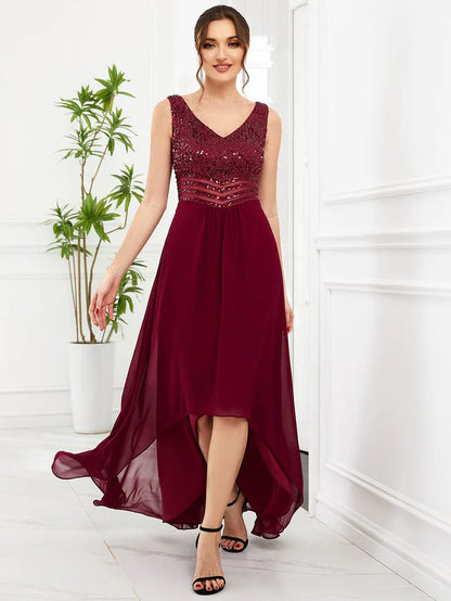 Sexy High-Low Maxi Chiffon Evening Dresses with Sequin