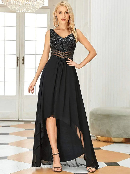 Sexy High-Low Maxi Chiffon Evening Dresses with Sequin