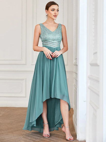 Sexy High-Low Maxi Chiffon Evening Dresses with Sequin