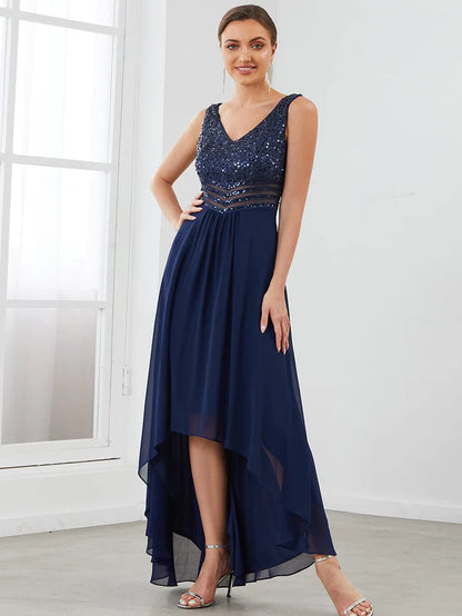 Sexy High-Low Maxi Chiffon Evening Dresses with Sequin