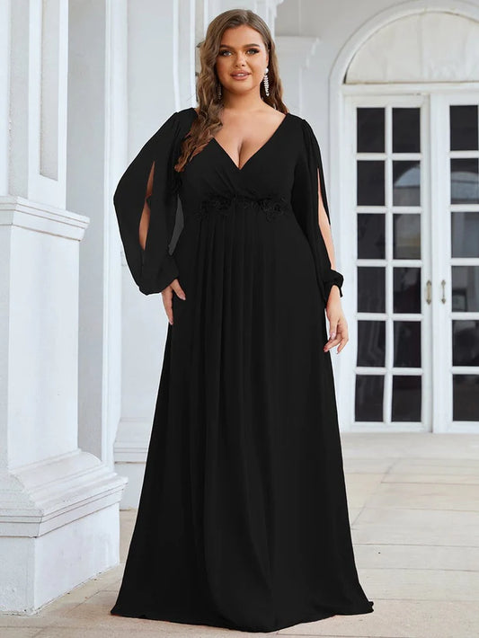 Stylish Chiffon Plus Size Evening Dresses with Long Lantern Sleeves