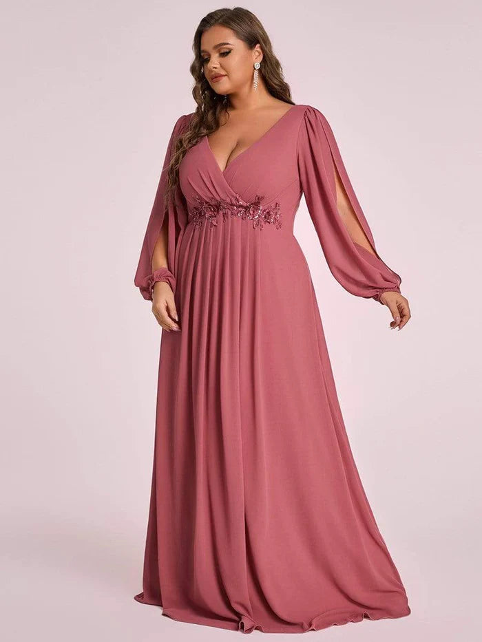 Stylish Chiffon Plus Size Evening Dresses with Long Lantern Sleeves