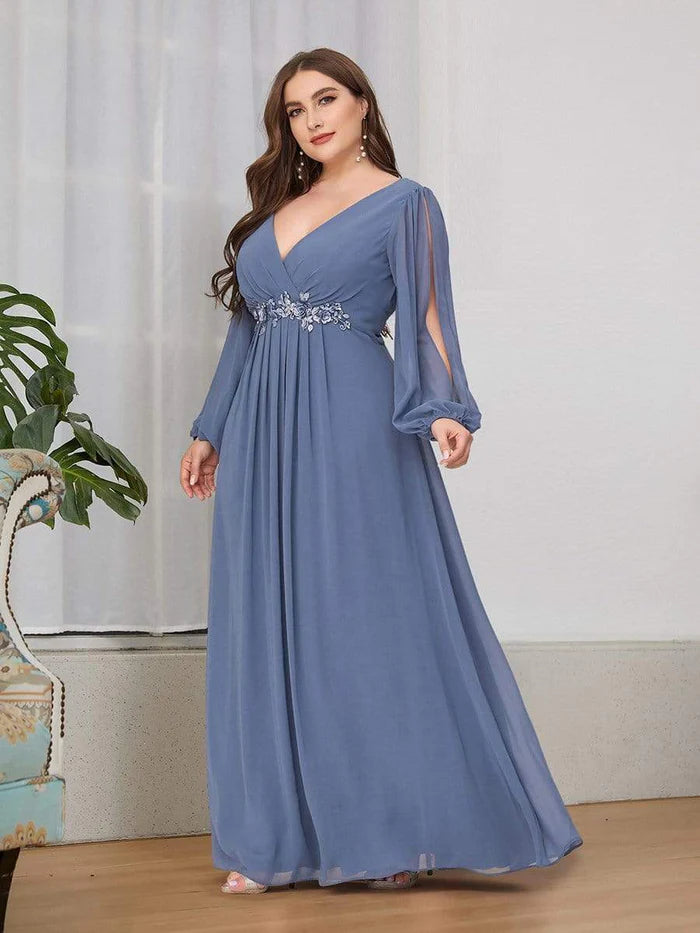 Stylish Chiffon Plus Size Evening Dresses with Long Lantern Sleeves