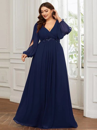 Stylish Chiffon Plus Size Evening Dresses with Long Lantern Sleeves