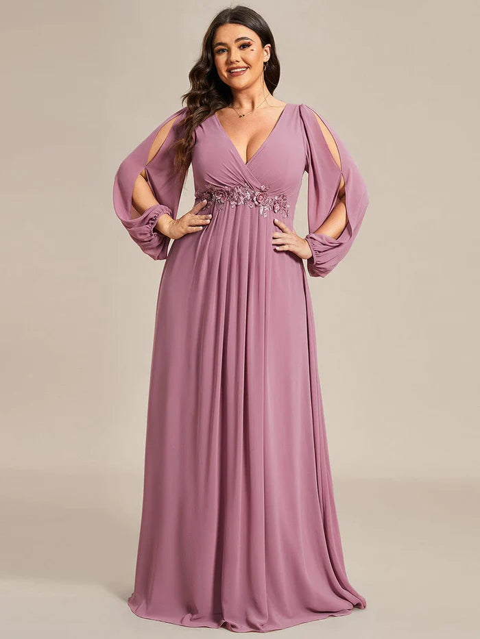 Stylish Chiffon Plus Size Evening Dresses with Long Lantern Sleeves