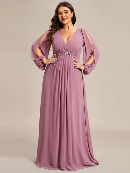 Stylish Chiffon Plus Size Evening Dresses with Long Lantern Sleeves