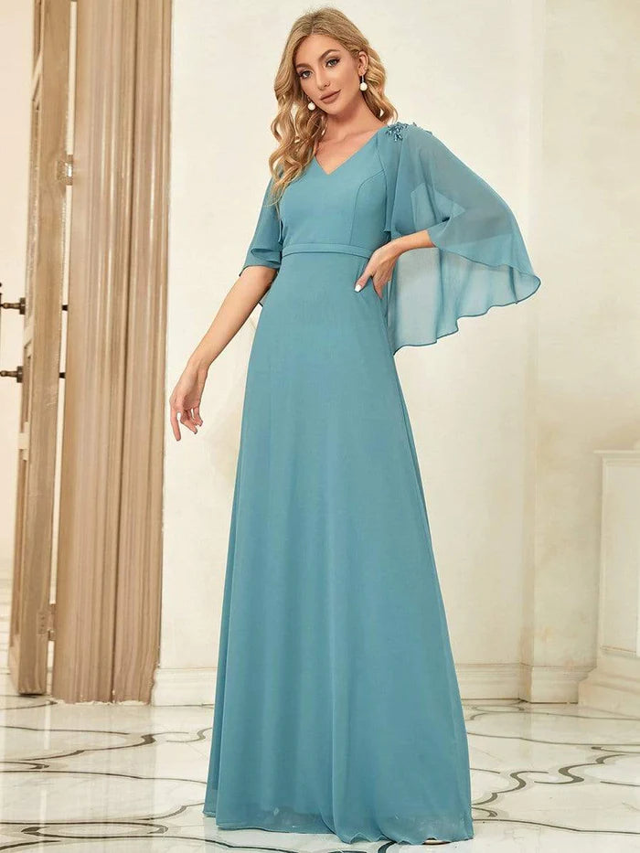 Elegant V Neck Flowy Chiffon Bridesmaid Dresses with Wraps