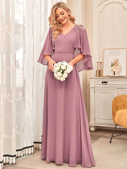 Elegant V Neck Flowy Chiffon Bridesmaid Dresses with Wraps